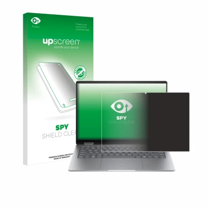 Front side of a product packaging with the brand logo upscreen. Next to it is the device HP Envy x360 14 2-in-1 shown with the
