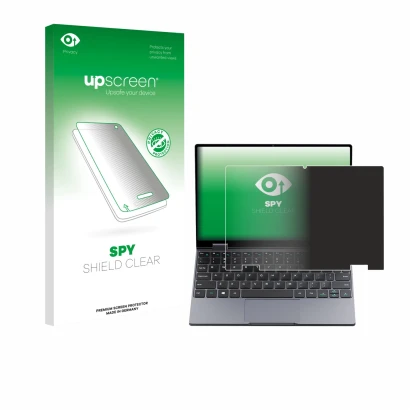 Front side of a product packaging with the brand logo upscreen. Next to it is the device Chuwi MiniBook X N150 shown with the