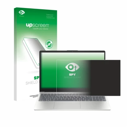 Front side of a product packaging with the brand logo upscreen. Next to it is the device HP Laptop 15-fd0710ng shown with the 