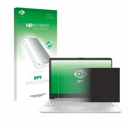 Front side of a product packaging with the brand logo upscreen. Next to it is the device HP 15s-fq2000 shown with the correspo
