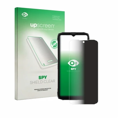 Front side of a product packaging with the brand logo upscreen. Next to it is the device Doogee Blade 10 Energy shown with the