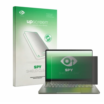 Front side of a product packaging with the brand logo upscreen. Next to it is the device Acer Swift Air 14 shown with the corr