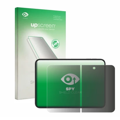 Front side of a product packaging with the brand logo upscreen. Next to it is the device Apple iPhone Duo (Inner display) show