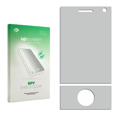Front side of a product packaging with the brand logo upscreen. Next to it is the corresponding screen protector.