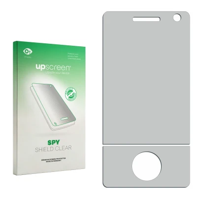 Front side of a product packaging with the brand logo upscreen. Next to it is the corresponding screen protector.