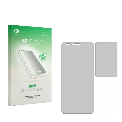Front side of a product packaging with the brand logo upscreen. Next to it is the corresponding screen protector.