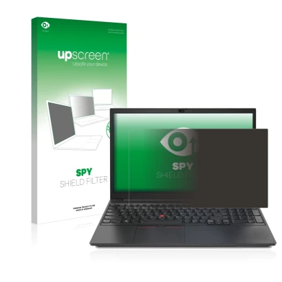 Front side of a product packaging with the brand logo upscreen. Next to it is the device Lenovo ThinkPad E15 shown with the co