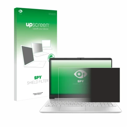 Front side of a product packaging with the brand logo upscreen. Next to it is the device HP 15s-fq2000 shown with the correspo
