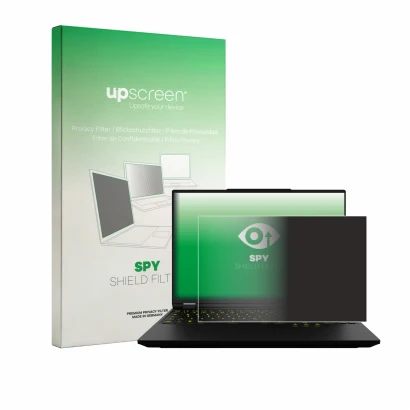 Front side of a product packaging with the brand logo upscreen. Next to it is the device XMG Neo 16 shown with the correspondi