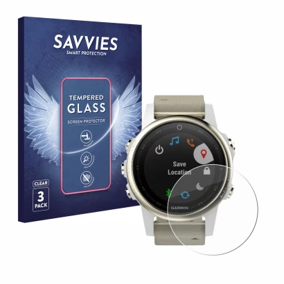 Front side of a product packaging with the brand logo Savvies. Next to it is the device Garmin Fenix 5S (42 mm) shown with the