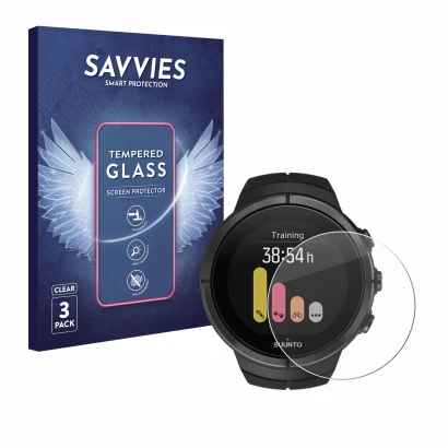 Front side of a product packaging with the brand logo Savvies. Next to it is the device Suunto Spartan Ultra shown with the co