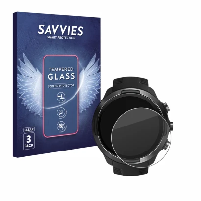 Front side of a product packaging with the brand logo Savvies. Next to it is the device Suunto 9 shown with the corresponding 