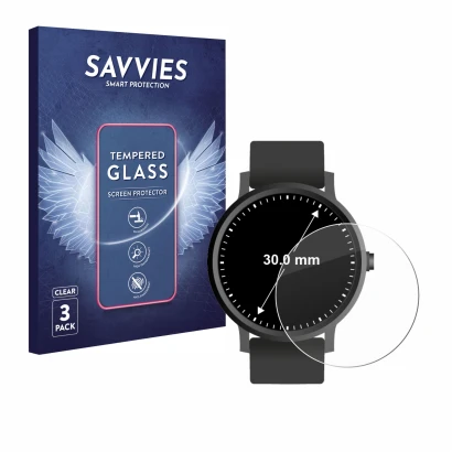 Front side of a product packaging with the brand logo Savvies. Next to it is the device Circular Displays (ø: 30 mm) shown wit