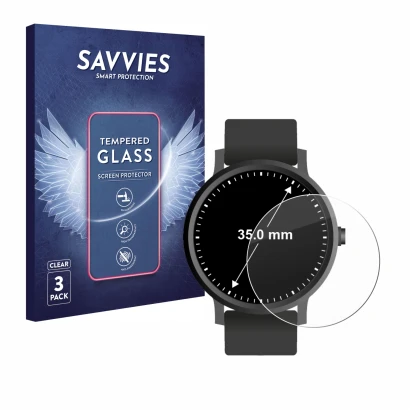 Front side of a product packaging with the brand logo Savvies. Next to it is the device Circular Displays (ø: 35 mm) shown wit