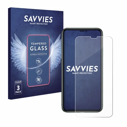 Front side of a product packaging with the brand logo Savvies. Next to it is the device Apple iPhone 11 Pro Max shown with the