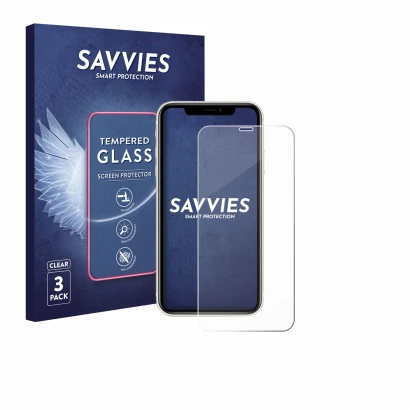 Front side of a product packaging with the brand logo Savvies. Next to it is the device Apple iPhone 11 shown with the corresp