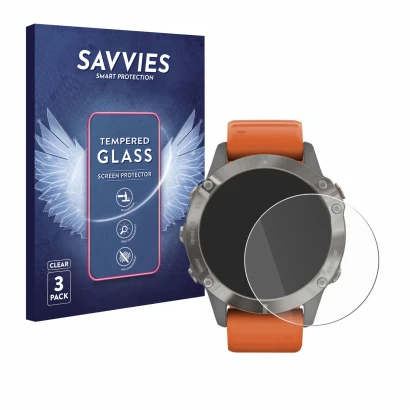 Front side of a product packaging with the brand logo Savvies. Next to it is the device Garmin Fenix 6 Pro shown with the corr