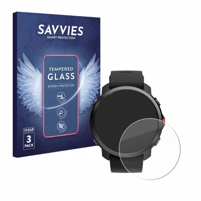 Front side of a product packaging with the brand logo Savvies. Next to it is the device Polar Grit X shown with the correspond