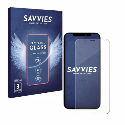 Front side of a product packaging with the brand logo Savvies. Next to it is the device Apple iPhone 12 shown with the corresp