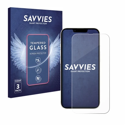 Front side of a product packaging with the brand logo Savvies. Next to it is the device Apple iPhone 13 shown with the corresp