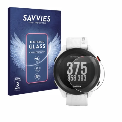 Front side of a product packaging with the brand logo Savvies. Next to it is the device Garmin Approach S12 shown with the cor