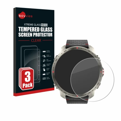 Front side of a product packaging with the brand logo Savvies. Next to it is the device Polar Grit X Pro Titan shown with the 