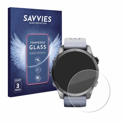 Front side of a product packaging with the brand logo Savvies. Next to it is the device Garmin Fenix 7S (42 mm) shown with the