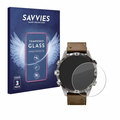 Front side of a product packaging with the brand logo Savvies. Next to it is the device Garmin Marq Adventurer (Gen 2) shown w