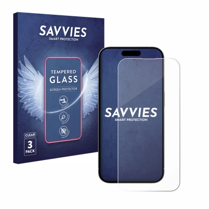 Front side of a product packaging with the brand logo Savvies. Next to it is the device Apple iPhone 15 shown with the corresp