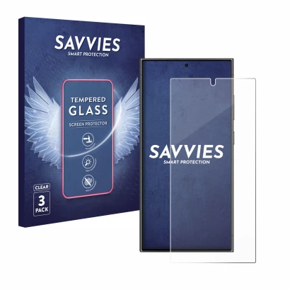Front side of a product packaging with the brand logo Savvies. Next to it is the device Samsung Galaxy S24 Ultra (case-friendl
