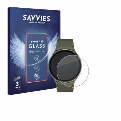 Front side of a product packaging with the brand logo Savvies. Next to it is the device Samsung Galaxy Watch 7 (44 mm) shown w