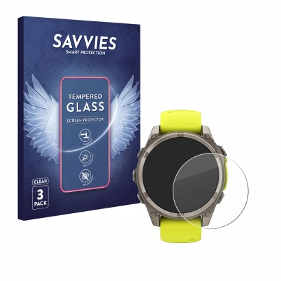 Front side of a product packaging with the brand logo Savvies. Next to it is the device Garmin Fenix 8 Solar (47 mm) shown wit