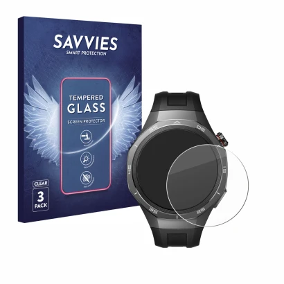 Front side of a product packaging with the brand logo Savvies. Next to it is the device Huawei Watch GT 5 Pro (46 mm) shown wi