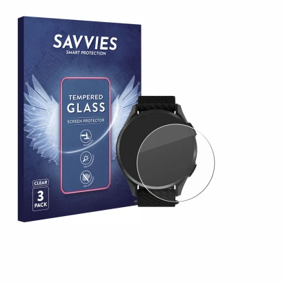 Front side of a product packaging with the brand logo Savvies. Next to it is the device Garmin Approach S50 shown with the cor
