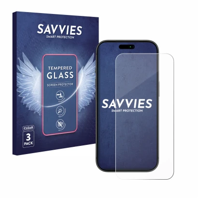 Front side of a product packaging with the brand logo Savvies. Next to it is the device Apple iPhone 17 Pro shown with the cor
