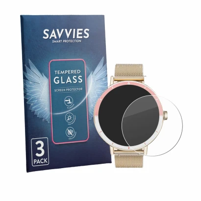 Front side of a product packaging with the brand logo Savvies. Next to it is the device Keeponfit Smartwatch 1.27" shown with 