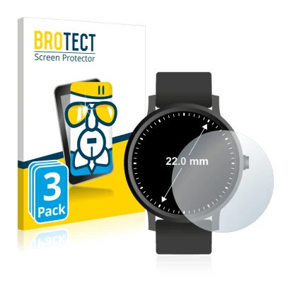 Front side of a product packaging with the brand logo BROTECT. Next to it is the device Watches (Circular, ø: 22 mm) shown wit