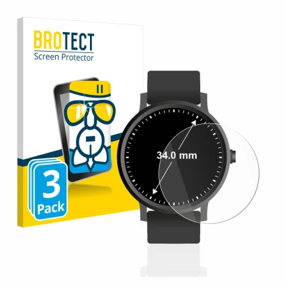 Front side of a product packaging with the brand logo BROTECT. Next to it is the device Watches (Circular, ø: 34 mm) shown wit