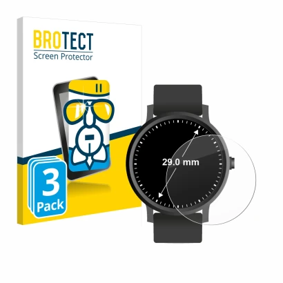 Front side of a product packaging with the brand logo BROTECT. Next to it is the device Watches (Circular, ø: 29 mm) shown wit