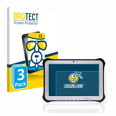 Front side of a product packaging with the brand logo BROTECT. Next to it is the device Panasonic Toughpad FZ-G1 shown with th