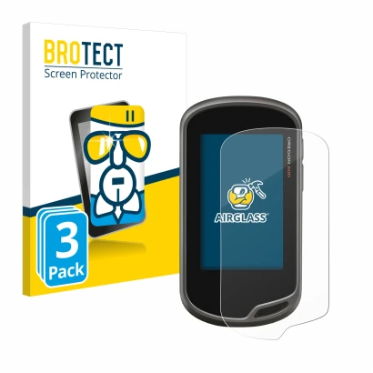 Front side of a product packaging with the brand logo BROTECT. Next to it is the device Garmin Oregon 600 shown with the corre