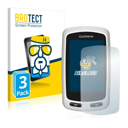 Front side of a product packaging with the brand logo BROTECT. Next to it is the device Garmin Edge Touring Plus shown with th