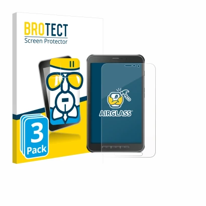 Front side of a product packaging with the brand logo BROTECT. Next to it is the device Samsung Galaxy Tab Active SM-T365 show