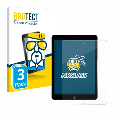 Front side of a product packaging with the brand logo BROTECT. Next to it is the device Apple iPad Air 2 2014 shown with the c