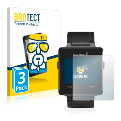 Front side of a product packaging with the brand logo BROTECT. Next to it is the device Garmin vivoactive shown with the corre