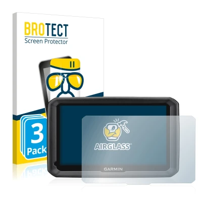 Front side of a product packaging with the brand logo BROTECT. Next to it is the device Garmin dezl 770 LMT-D shown with the c