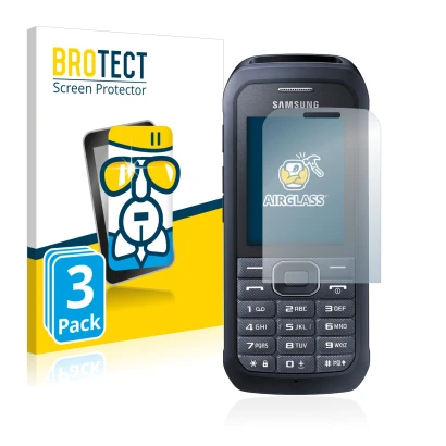 Front side of a product packaging with the brand logo BROTECT. Next to it is the device Samsung Xcover 550 shown with the corr
