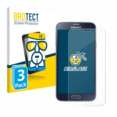 Front side of a product packaging with the brand logo BROTECT. Next to it is the device Samsung Galaxy S5 Neo shown with the c