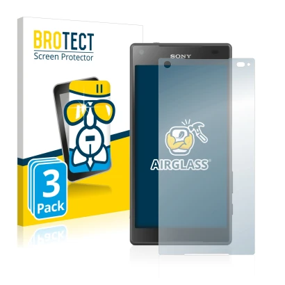 Front side of a product packaging with the brand logo BROTECT. Next to it is the device Sony Xperia Z5 Compact shown with the