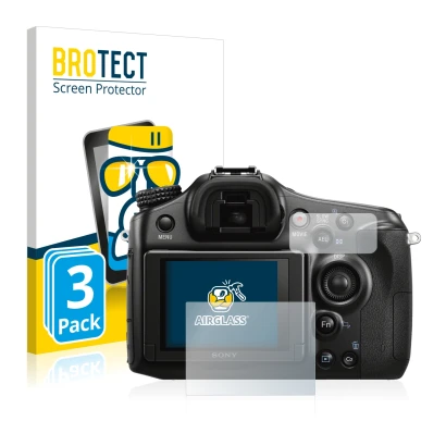 Front side of a product packaging with the brand logo BROTECT. Next to it is the device Sony Alpha 68 shown with the correspon